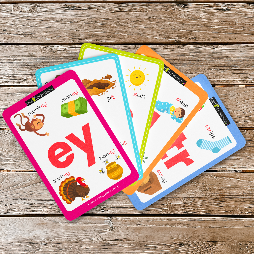 footstep phonics flashcards displayed on a wooden table
