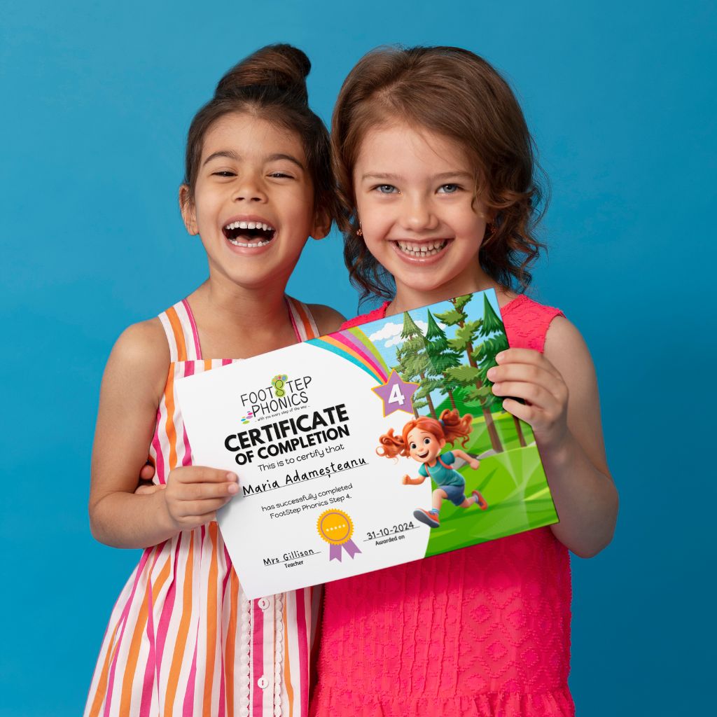 two young girls smiling and holding a footstep phonics step by step phonics program certificate